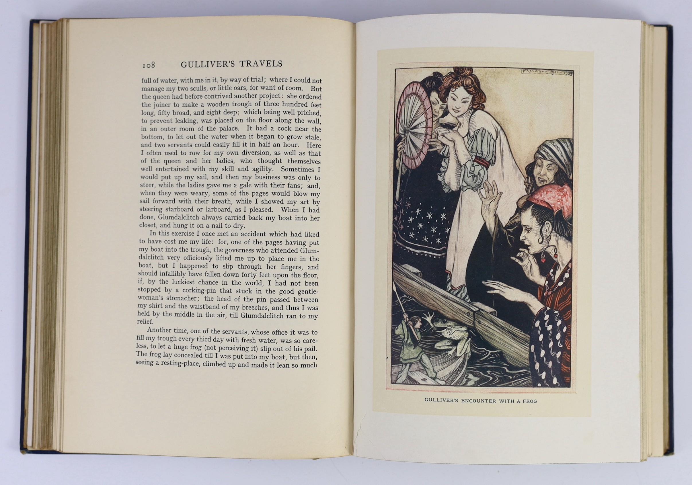 Swift, Jonathan - Gulliver’s Travels, illustrated with 12 coloured plates by Arthur Rackham, 8vo, blue pictorial cloth gilt, J.M. Dent & Co., London, 1909